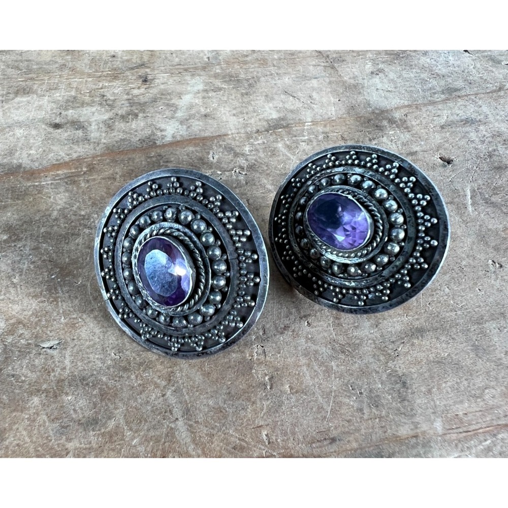 Vintage 925 Sterling Silver Amethyst Stud Earrings Round Bezel Ornate 1" Inch